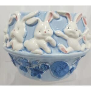 Vtg Relpo Bunny Rabbit Ceramic Planter Trinket Candy Bowl Lid Easter Spring READ